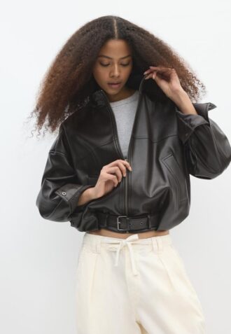 Ballonjacke in Lederoptik mit Gürtel