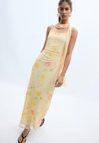 Bedrucktes Midi-Kleid aus Tüll mit Schal