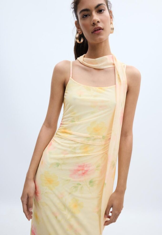 Bedrucktes Midi-Kleid aus Tüll mit Schal Bedrucktes Midi-Kleid aus Tüll mit Schal