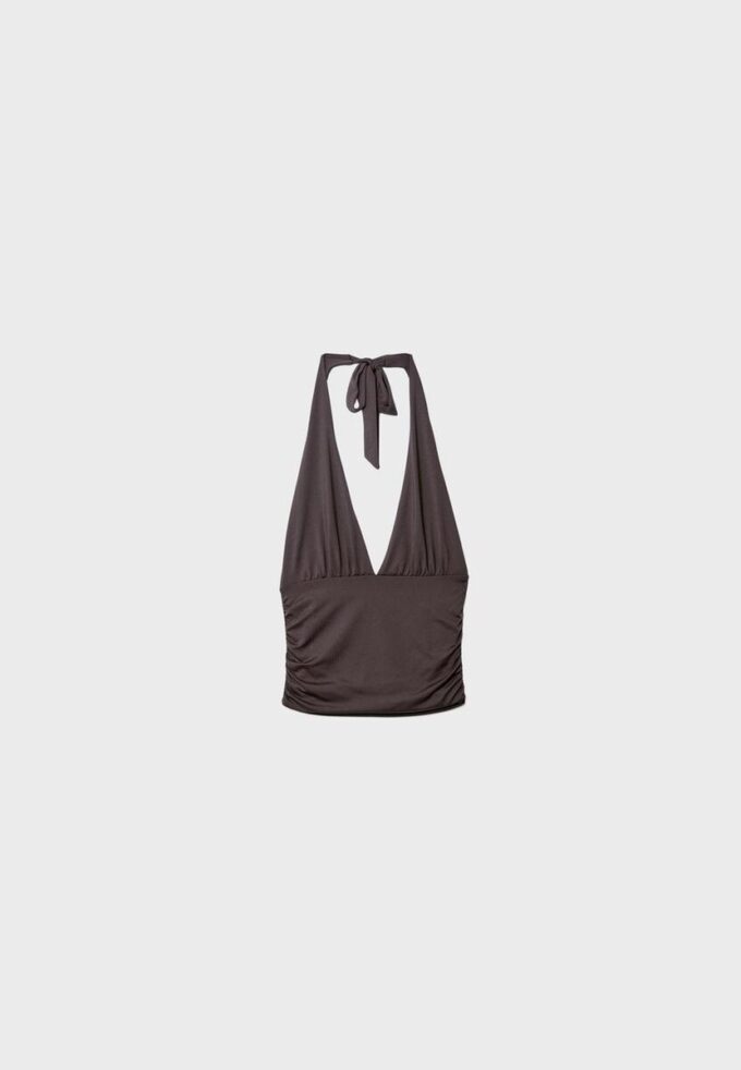 Halter-Oberteil mit gerafftem Bindeband am Hals