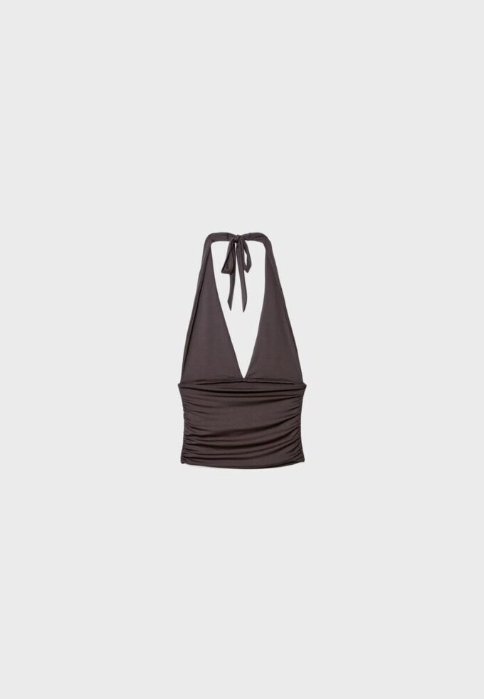 Halter-Oberteil mit gerafftem Bindeband am Hals