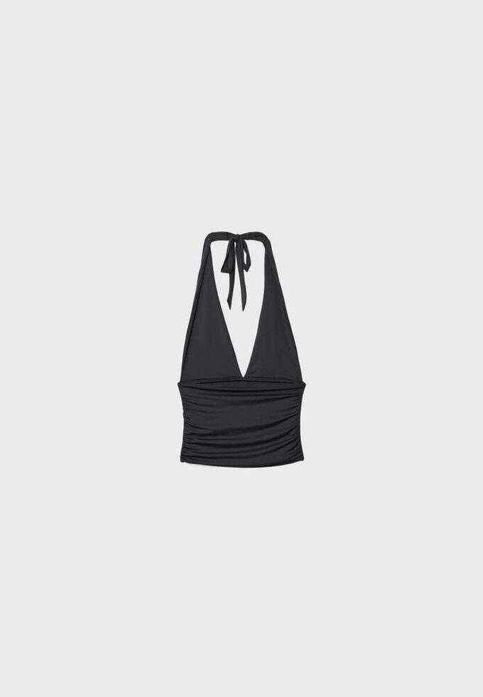 Halter-Oberteil mit gerafftem Bindeband am Hals