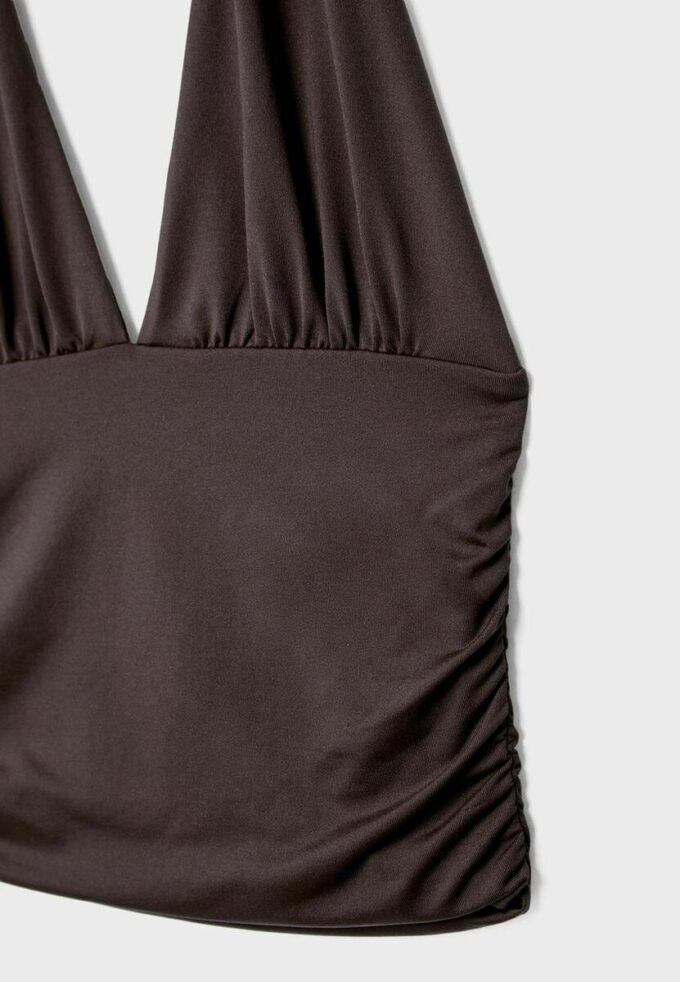 Halter-Oberteil mit gerafftem Bindeband am Hals