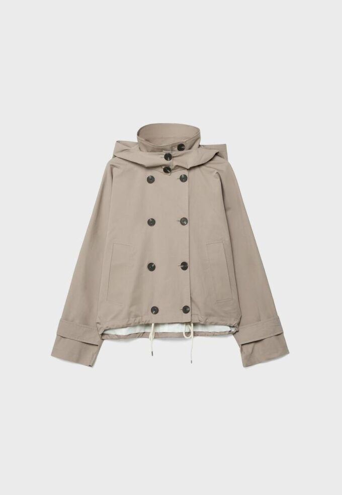 Kurzes Trenchcoat mit Puffärmeln und abnehmbarer Kapuze Kurzes Trenchcoat mit Puffärmeln und abnehmbarer Kapuze