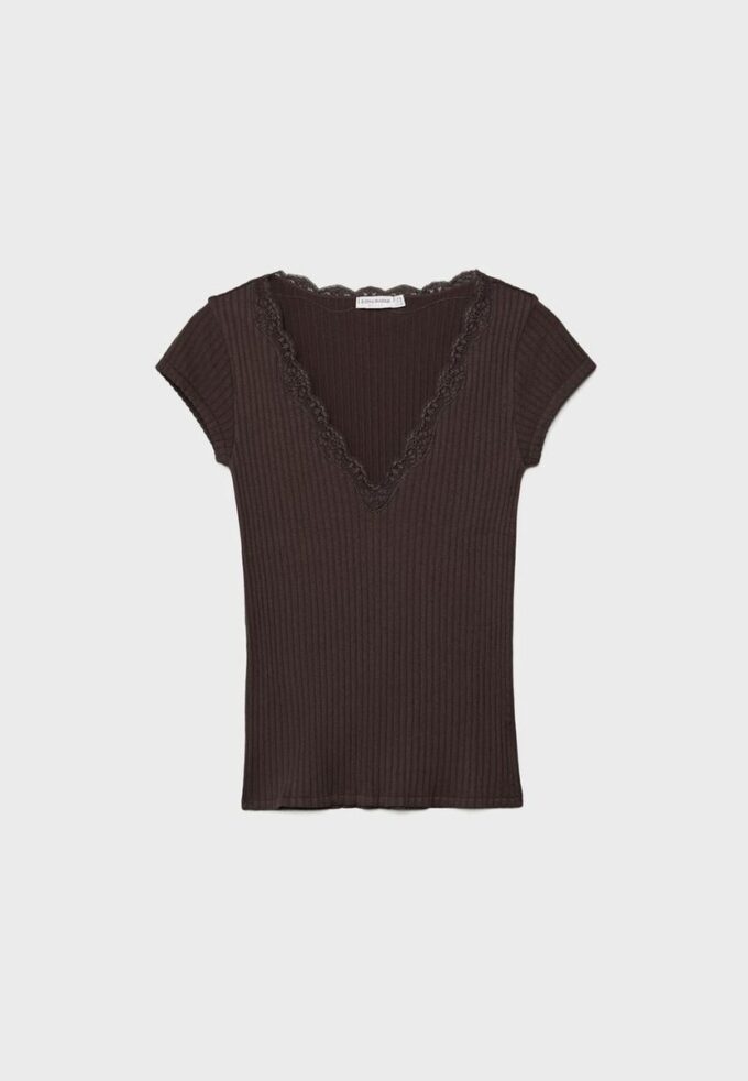 Kurzärmeliges T-Shirt mit V-Ausschnitt und Spitze