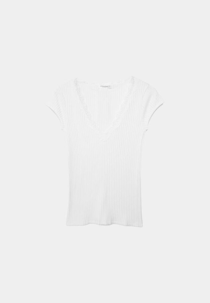 Kurzärmeliges T-Shirt mit V-Ausschnitt und Spitze