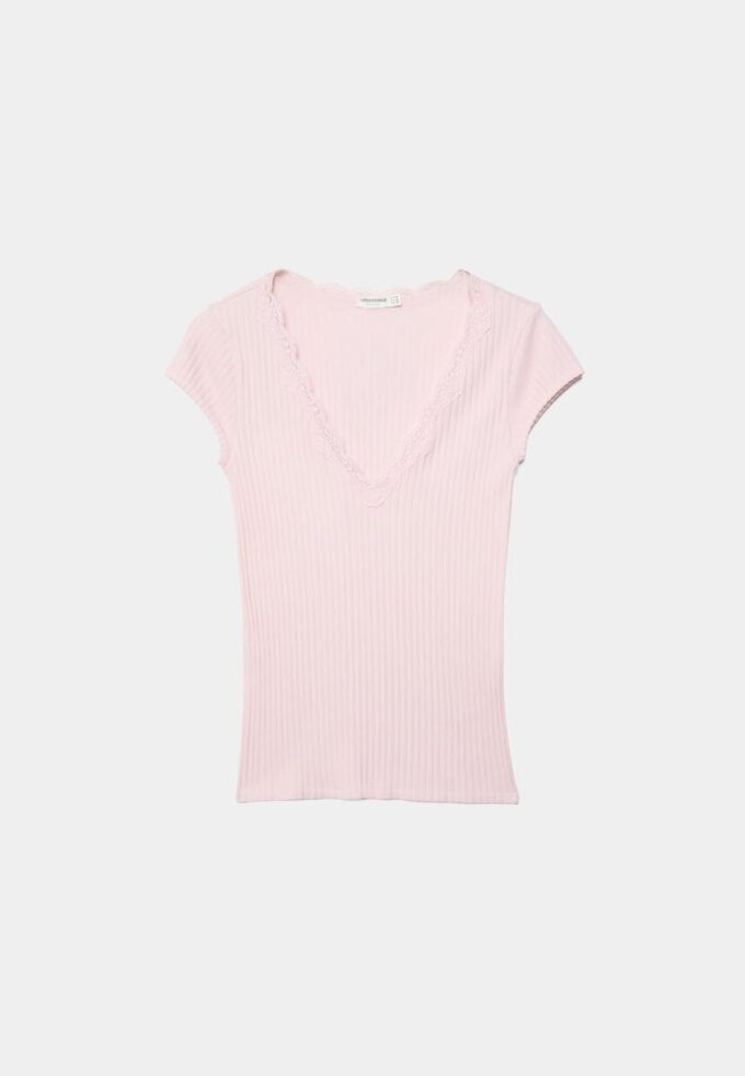 Kurzärmeliges T-Shirt mit V-Ausschnitt und Spitze