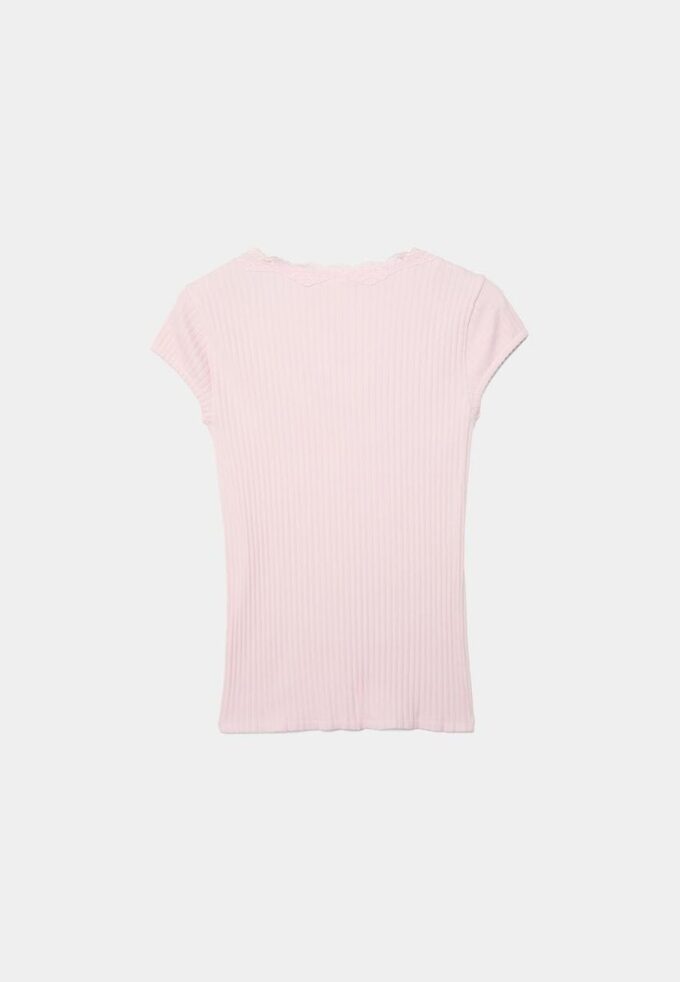Kurzärmeliges T-Shirt mit V-Ausschnitt und Spitze