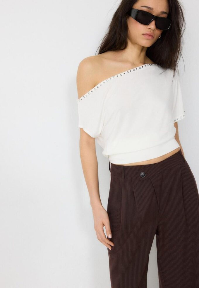 Lässige, gestreifte elegante Hose mit gekreuztem Bund