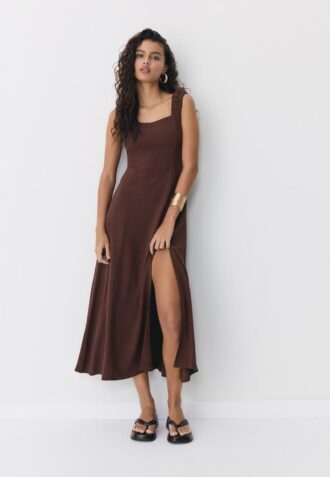 Midi-Kleid mit gekreuztem Rücken im Leinen-Look