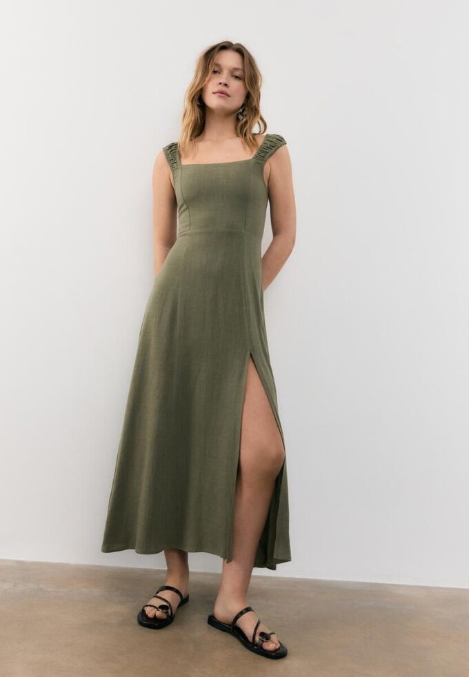 Midi-Kleid mit gekreuztem Rücken im Leinen-Look Midi-Kleid mit gekreuztem Rücken im Leinen-Look