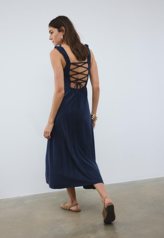 Midi-Kleid mit gekreuztem Rücken im Leinen-Look