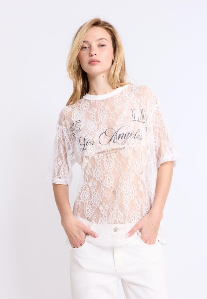 Oversize-T-Shirt aus Spitze mit grafischem Detail Oversize-T-Shirt aus Spitze mit grafischem Detail