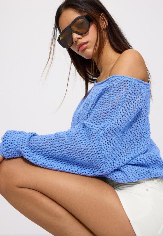 Pullover aus Mesh-Strick mit U-Boot-Ausschnitt