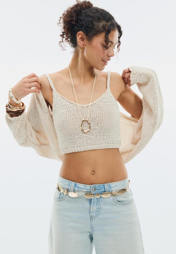 Strickjacke mit Fledermausärmeln und Bindeband