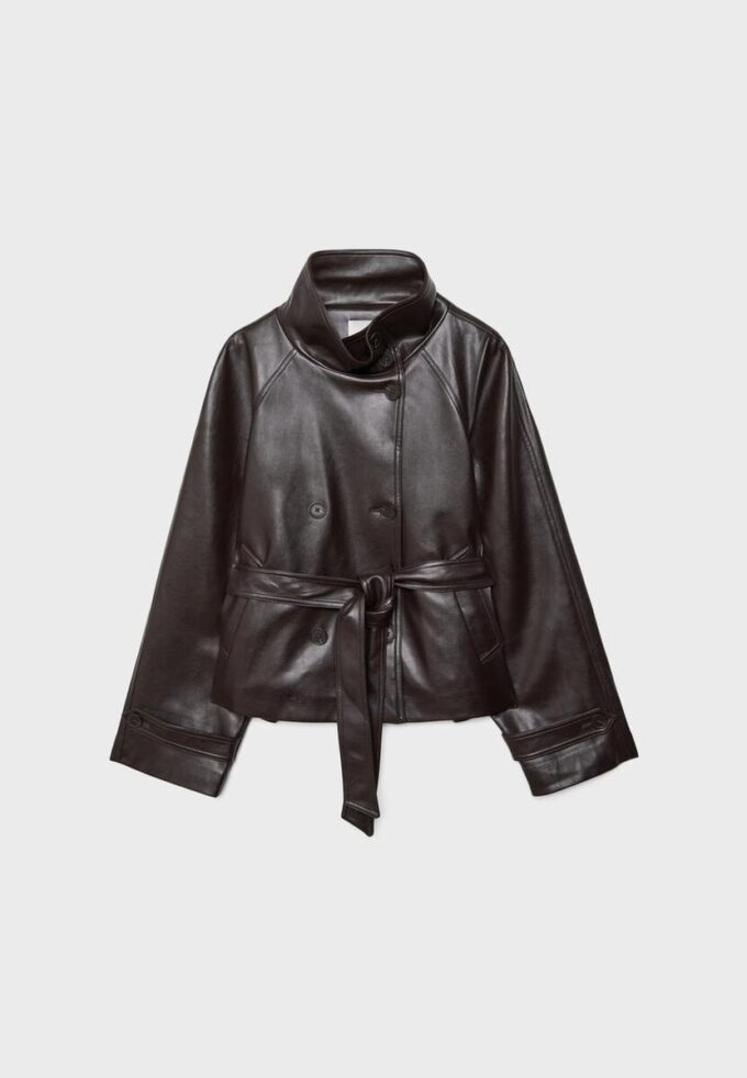 Trenchcoat mit hohem Kragen in Lederoptik